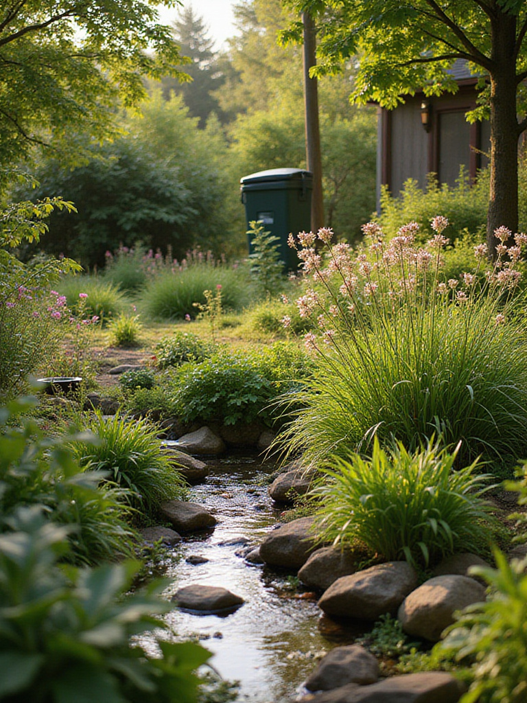 Eco-friendly sustainable garden with native plants, pond, and compost bin.