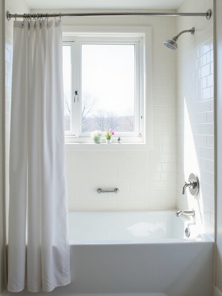 Modern small bathroom with a bathtub and shower. A retractable shower curtain is fully retracted into its wall-mounted housing, making the bathroom appear larger and more open.