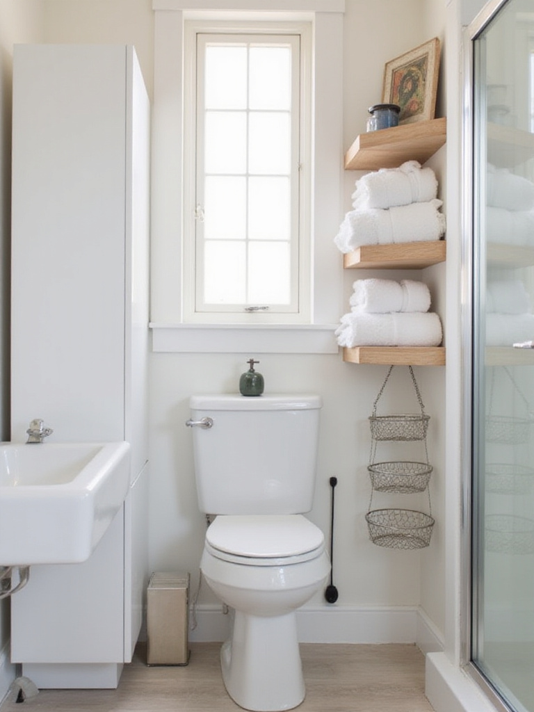Small bathroom maximizing space with vertical storage, including a tall cabinet, floating shelves above the toilet, and a shower caddy.