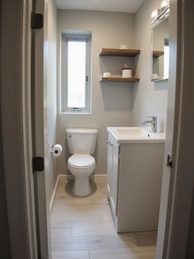 Tall cabinet and over-the-toilet shelves maximizing vertical storage in a small, contemporary bathroom.
