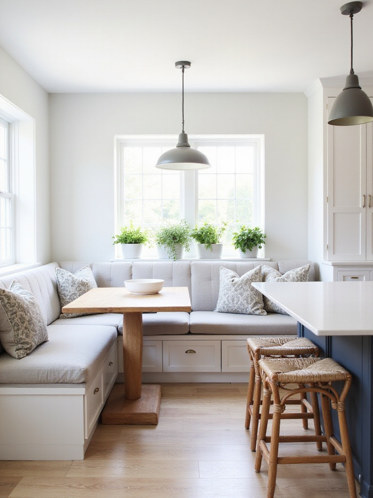 Cozy kitchen banquette and island seating in a modern farmhouse kitchen.