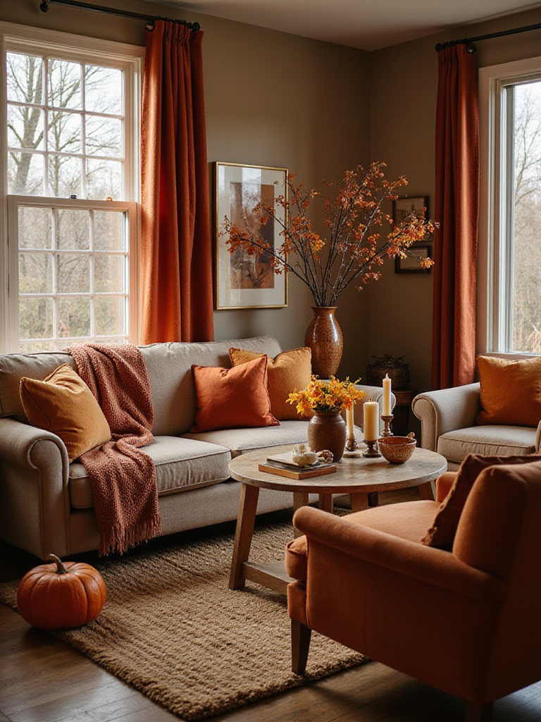 A cozy living room styled for autumn with warm colors, plush throws, seasonal decor like gourds and branches, and soft lighting.