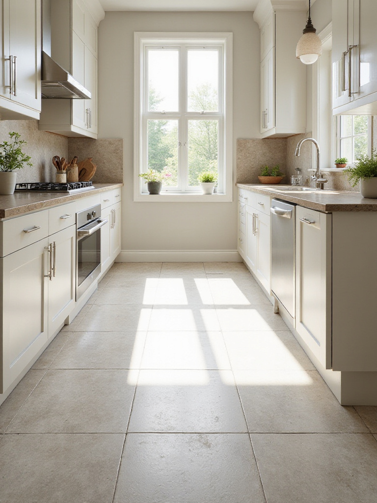 A clean, bright kitchen featuring a durable and appealing neutral-colored tile floor, suggesting high quality and good resale value.