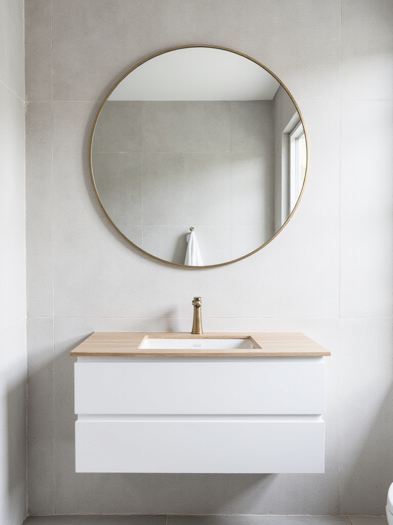 Modern bathroom featuring a round mirror above a floating vanity, softening the room's angular lines.