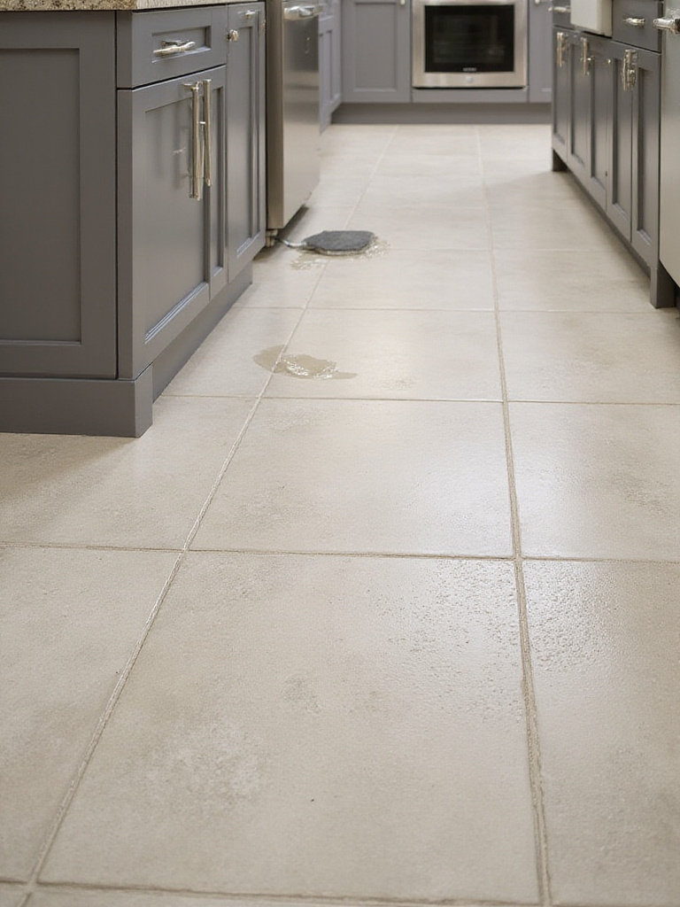 Textured, matte finish porcelain tile floor in a modern kitchen, illustrating slip-resistant flooring options for safety.