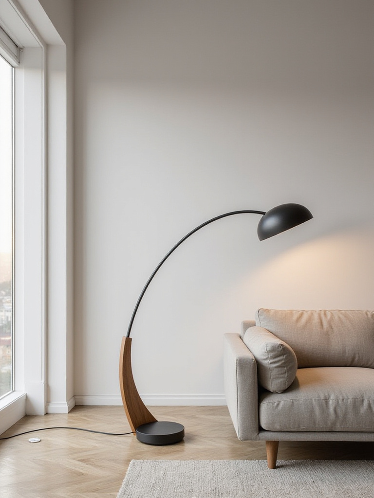 A sculptural arc floor lamp in a minimalist living room with a grey sofa and white walls, providing ambient light.