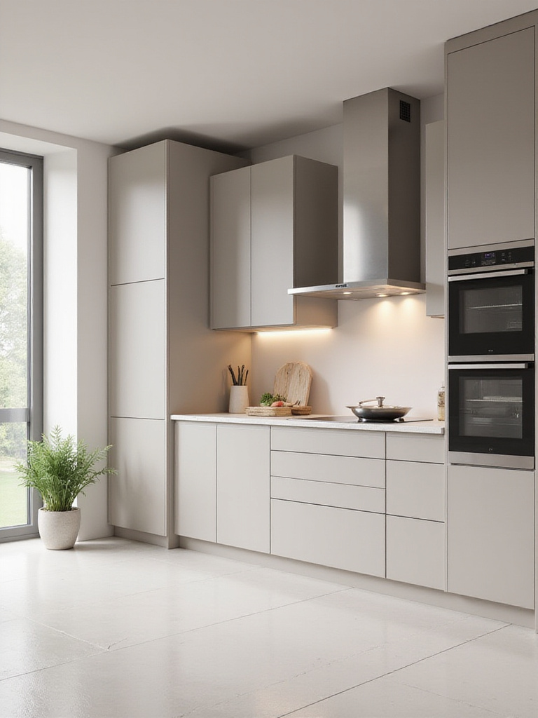 Modern kitchen design showcasing seamless integration of appliances, with panel-ready refrigerator and dishwasher, built-in oven, and hidden hood, creating a clean, minimalist aesthetic.
