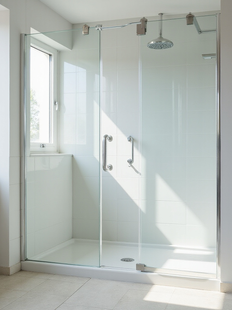 A small, bright bathroom featuring a walk-in shower enclosed by a frameless clear glass door, making the space feel larger and more open.