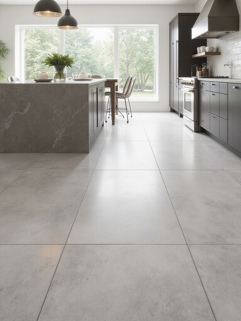 View of a modern kitchen featuring large format light gray porcelain tile flooring, showcasing durability and a sleek, minimal look.