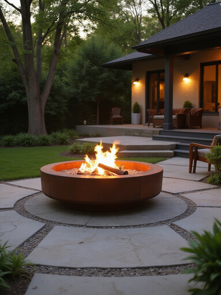 Fire pit made of Corten steel in a modern backyard during golden hour.