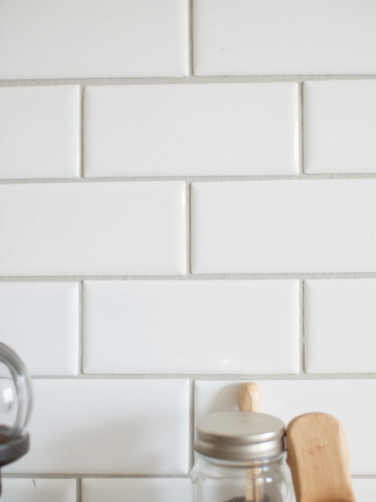 A kitchen backsplash with simple white subway tiles in a traditional pattern and light gray grout, creating a clean and timeless look.