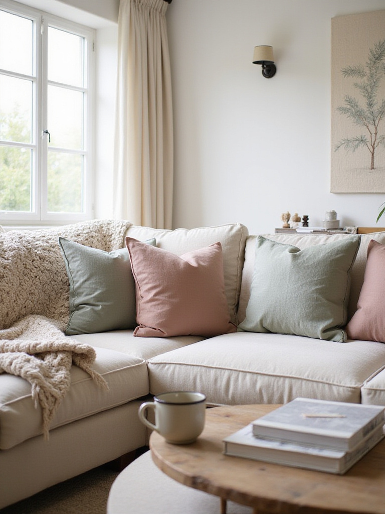 Cozy living room with sink-in comfortable linen sofa, throw pillows, and knit blanket.