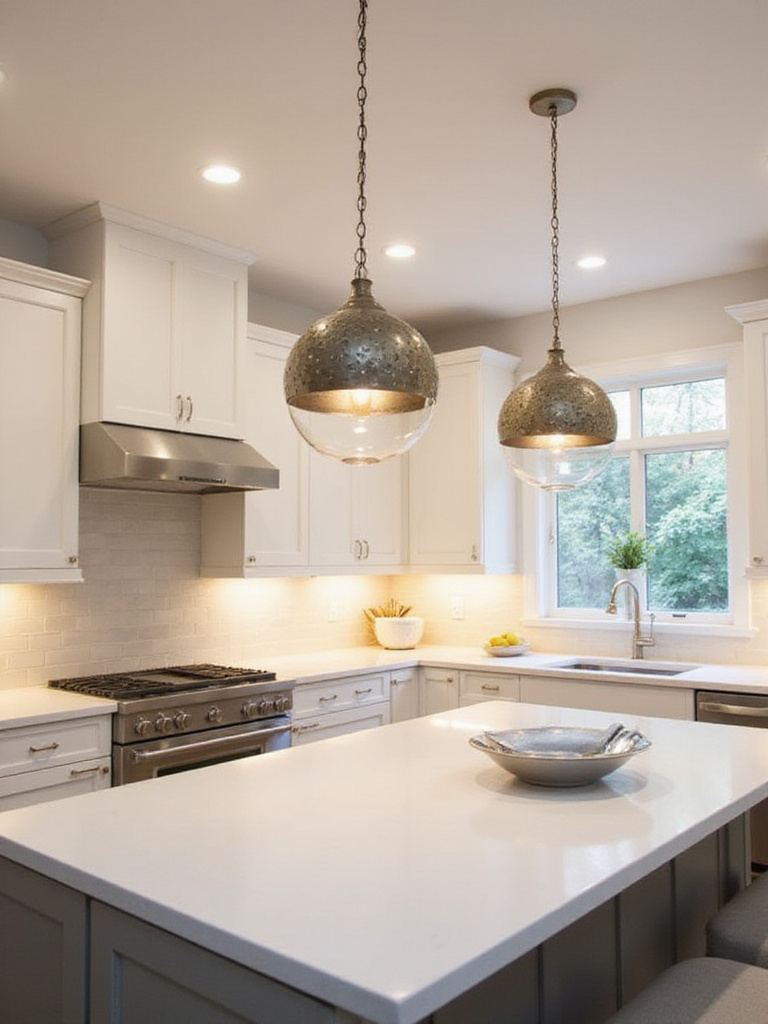 Statement pendant lights hanging above a white kitchen island, serving as a stylish focal point and providing task illumination.
