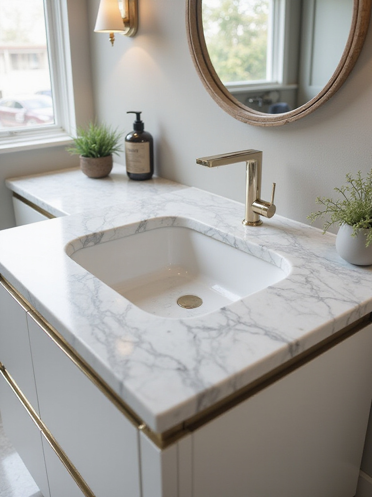 Elegant marble countertop in a modern bathroom with natural light