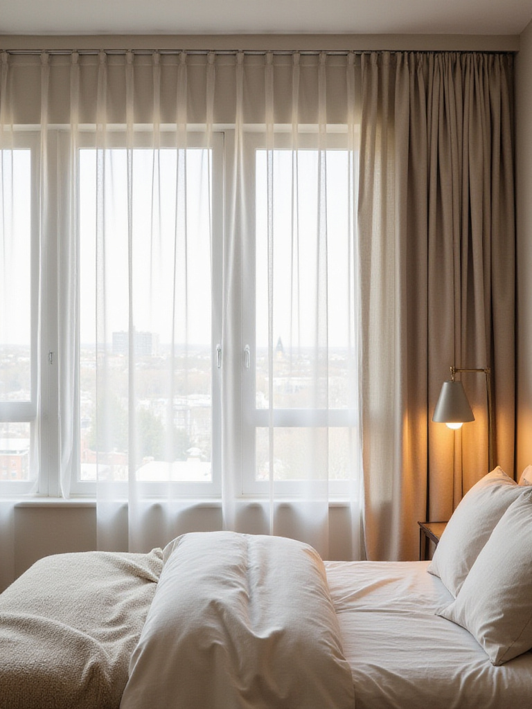Modern bedroom with simple window treatments, showcasing drapes and natural light.