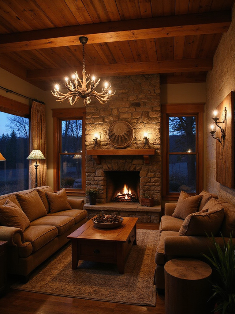 Cozy rustic living room illuminated by unique lighting fixtures including an antler chandelier, floor lamp, and wall sconces, showcasing warm light and natural textures.