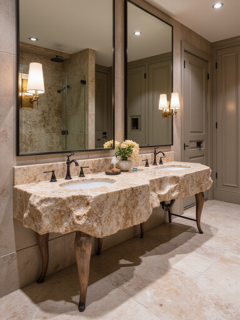 Luxurious master bathroom featuring a large, elegant statement vanity with a marble countertop and high-end fixtures.