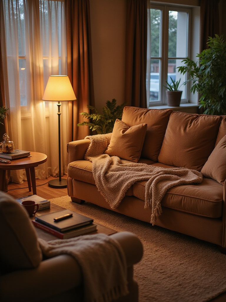 A warm and inviting living room centered around a large, deep, comfortable sofa piled high with soft pillows and throws, creating a cozy sanctuary.