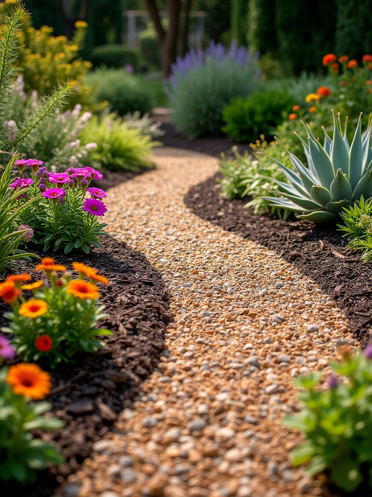 Various types of mulch used in a garden bed, including bark, gravel, and pine straw.
