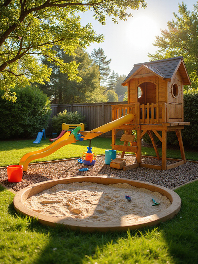 Backyard play area with playhouse, sandbox, and climbing structure.