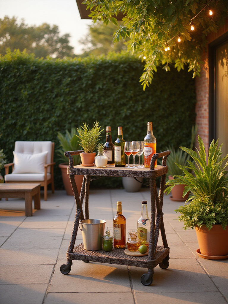 Stylish outdoor bar cart on a patio at sunset, stocked with drinks and accessories for entertaining, surrounded by patio furniture and plants.