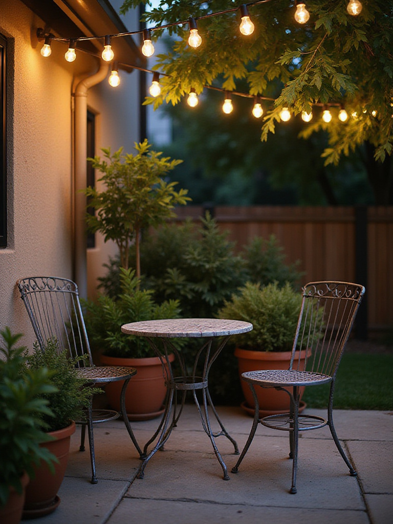 A chic outdoor patio bistro corner with a small metal table, two chairs, potted plants, and string lights creating a cozy atmosphere.