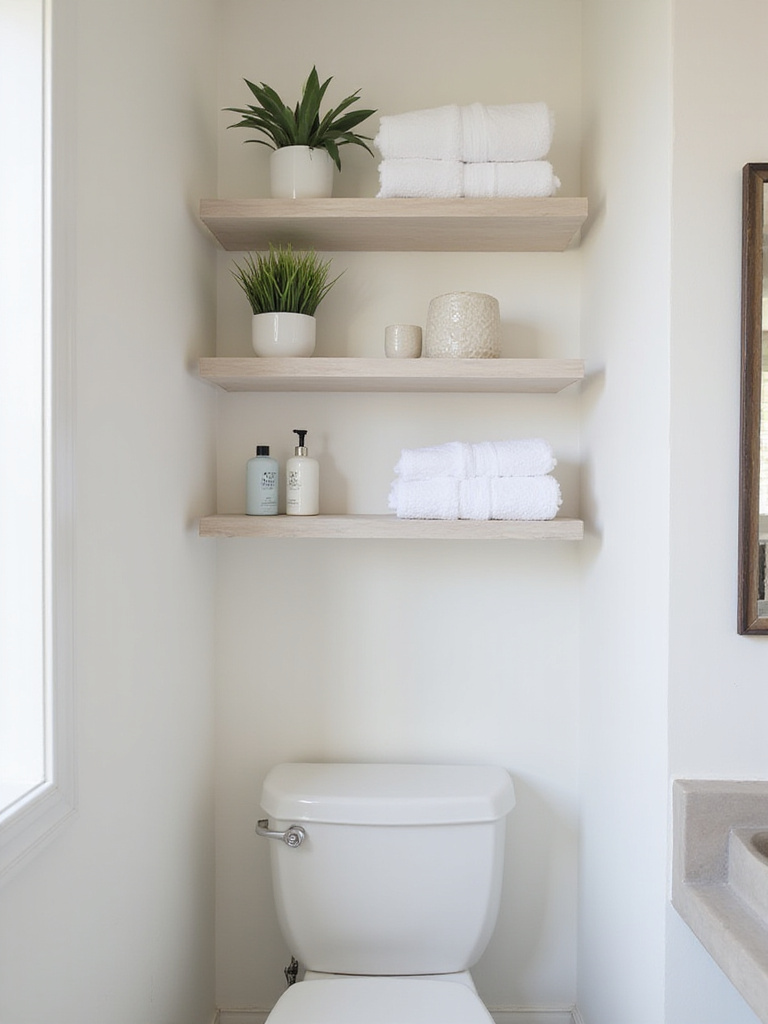 Sleek white floating shelves installed above a toilet in a small, modern bathroom, holding towels, plants, and toiletries to maximize vertical storage.