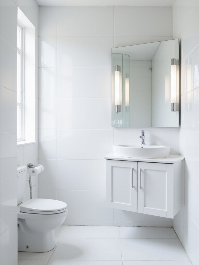 Small bathroom with glossy white wall tiles and a large mirror, reflecting light to create a spacious and bright feel.