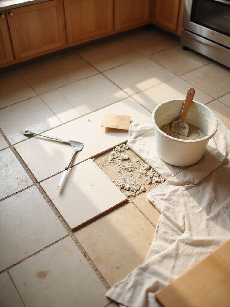 View of a kitchen floor showing a broken tile being prepared for replacement. Repair tools like a trowel and mortar are ready.