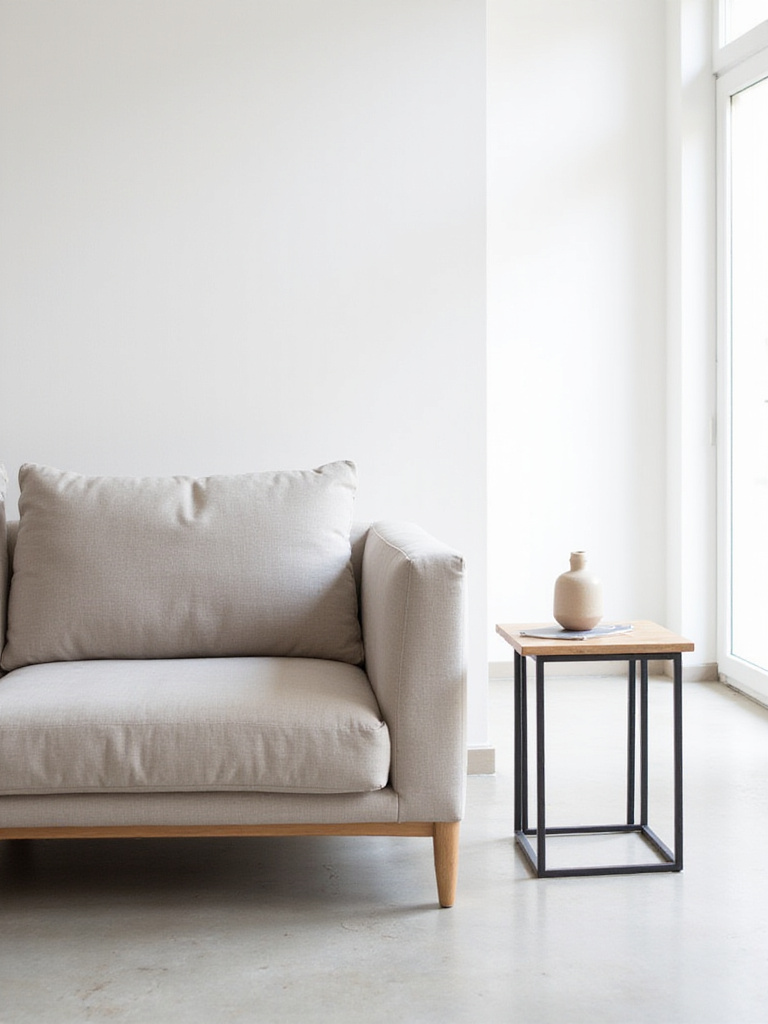 A simple black metal side table next to a light grey minimalist sofa in a serene living room with natural light.