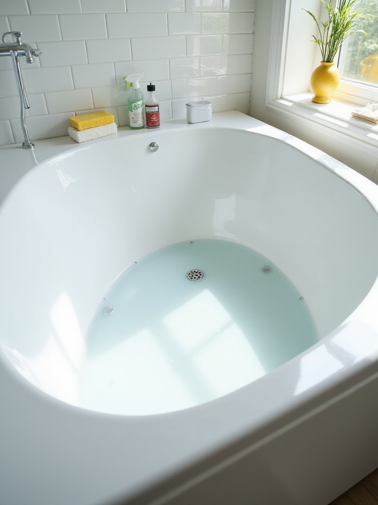 A sparkling clean white bathtub in a sunlit bathroom, showcasing the results of simple cleaning methods.