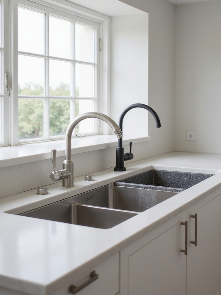 Single bowl sink vs. double bowl sink comparison in a modern kitchen.