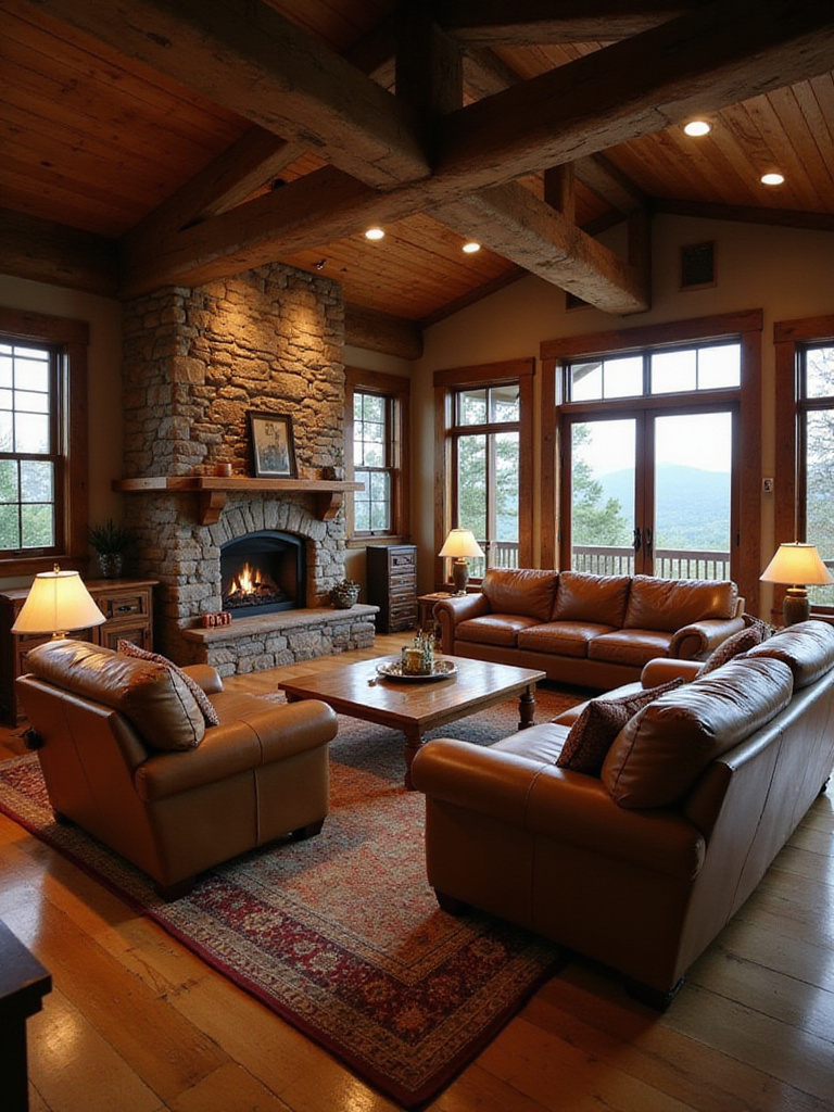 Cozy rustic living room featuring a comfortable brown leather sofa and armchair in front of a stone fireplace.