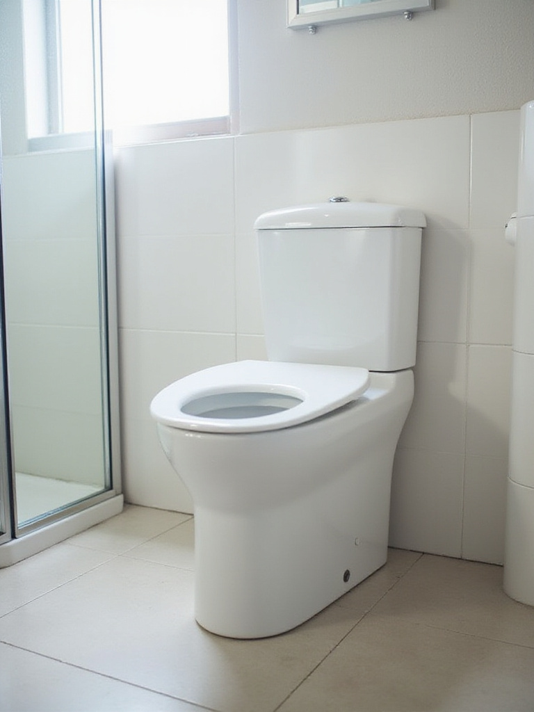 A compact elongated toilet with a modern, skirted design in a small, bright bathroom, illustrating how smaller toilets save floor space.