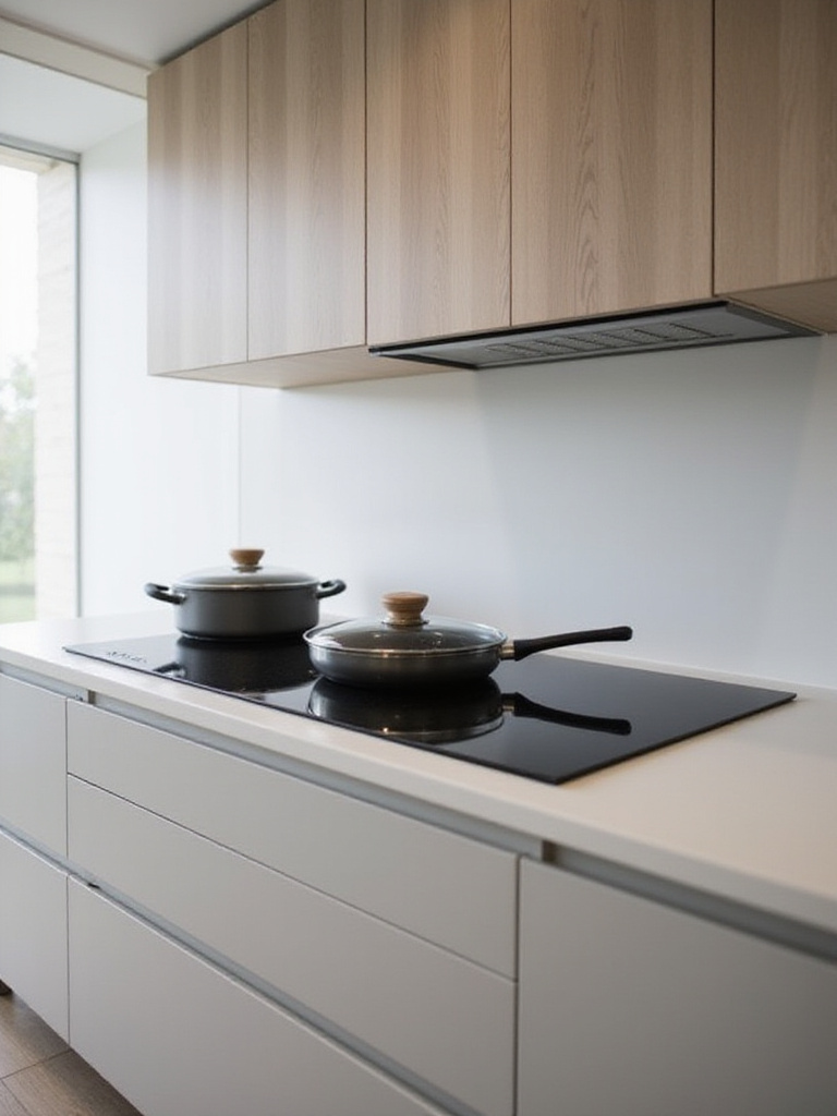 A modern kitchen featuring a seamless black induction cooktop integrated into a white quartz countertop. The kitchen has minimalist flat-panel cabinetry and a sleek, clean design aesthetic.