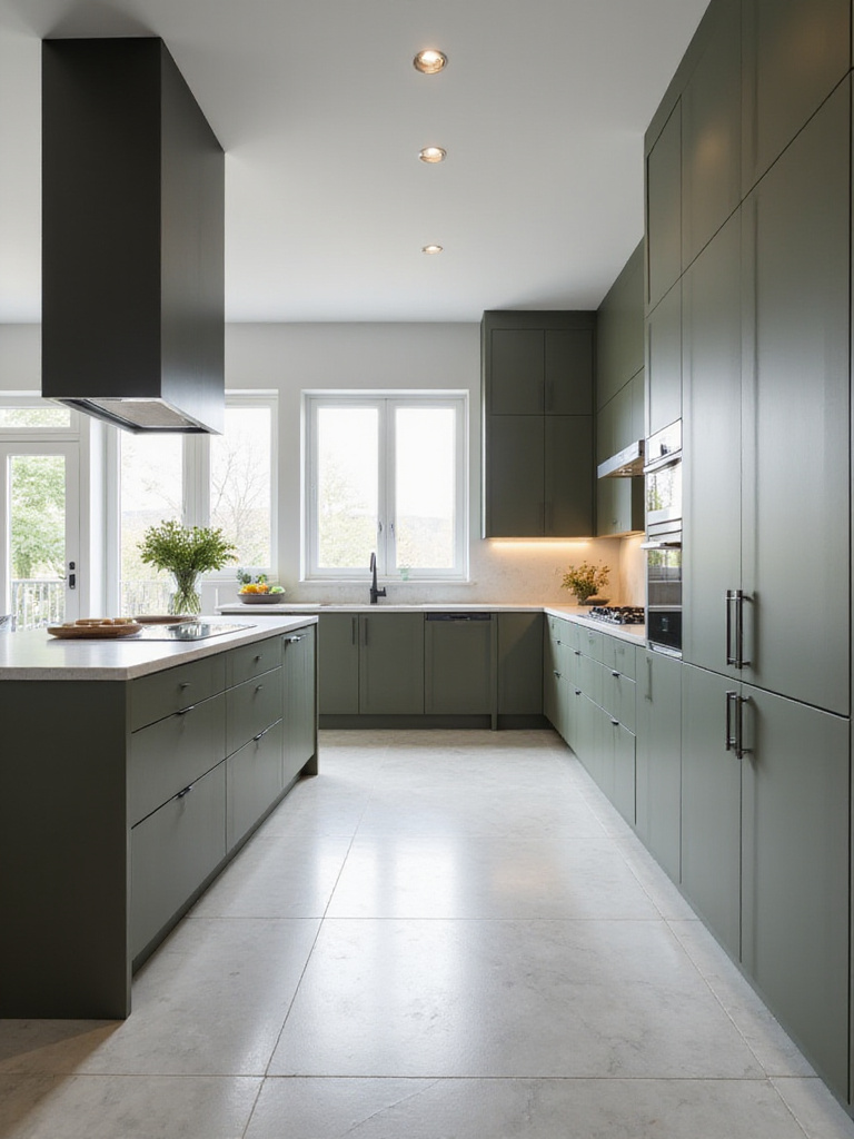A modern kitchen featuring sleek, handleless matte grey cabinets and a white quartz countertop under soft natural and LED lighting, showcasing a minimalist design.