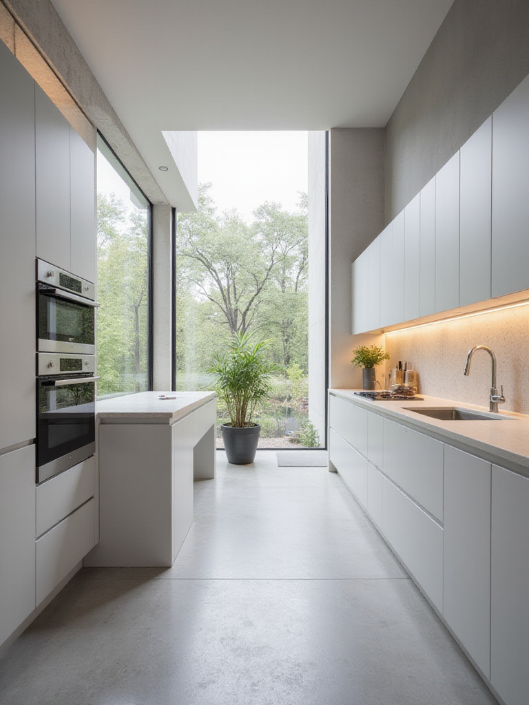 A modern kitchen featuring sleek, handleless grey cabinetry, a minimalist island, and integrated appliances for a streamlined look.