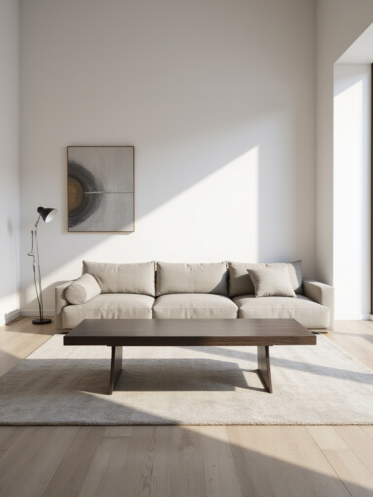 A minimalist living room featuring a low-slung sofa and a sleek, low-profile dark wood coffee table, emphasizing clean lines and open space.