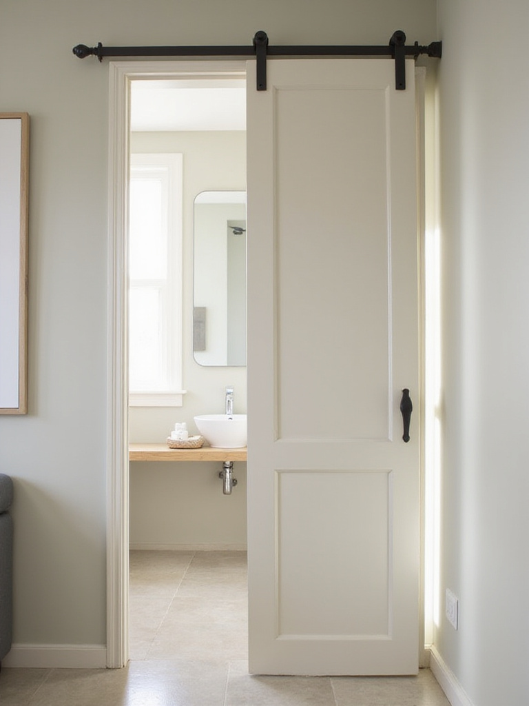 Partially open light-colored pocket door in a bright, modern small bathroom, demonstrating space-saving design.
