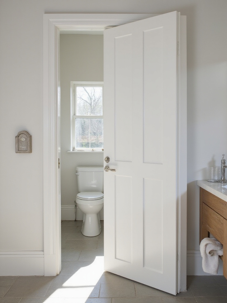 A modern small bathroom with a pocket door partially slid open into the wall, demonstrating space-saving design.