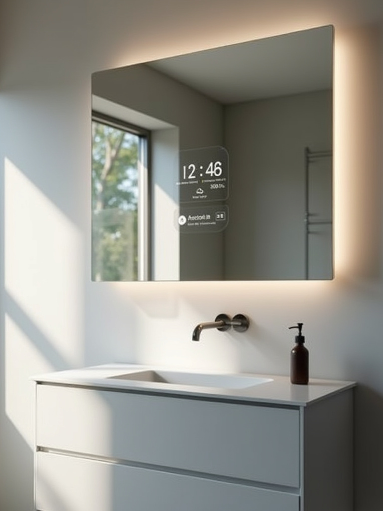 Modern bathroom with smart mirror displaying time and weather.
