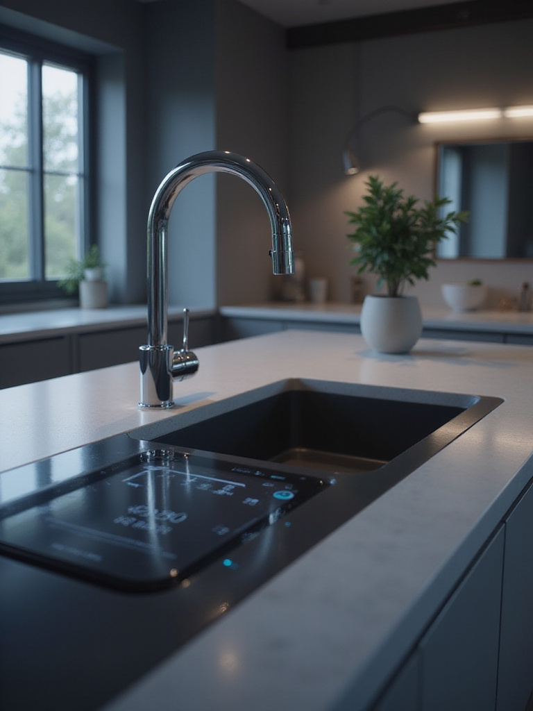 Modern kitchen with smart sink featuring digital display and touchless faucet.