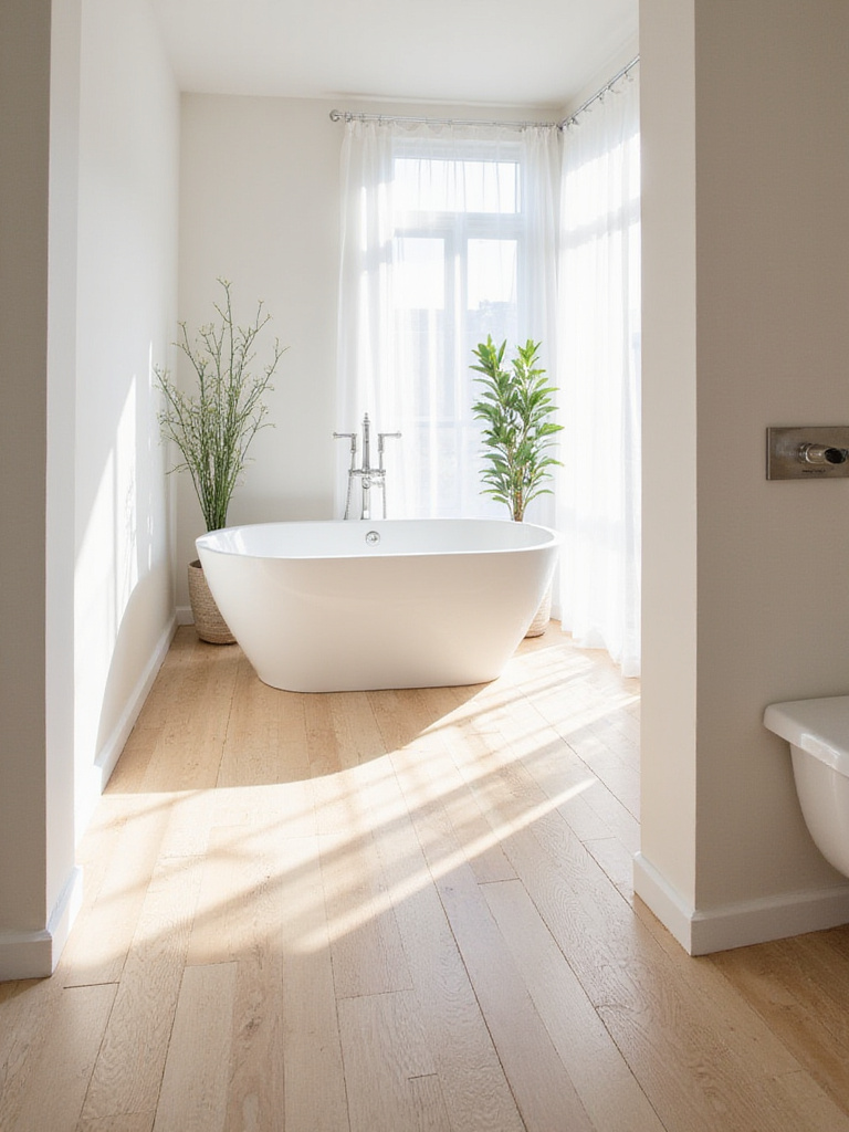 Modern bathroom with light cork plank flooring, white freestanding tub, and natural light