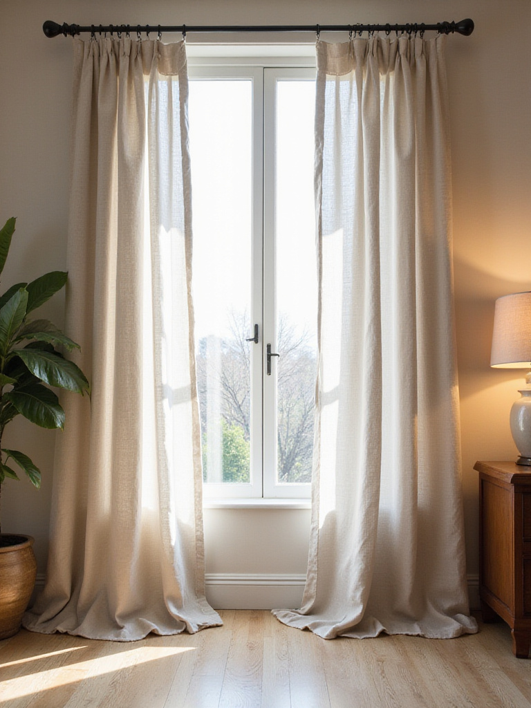 Cozy living room with soft linen curtains draping elegantly to the floor.
