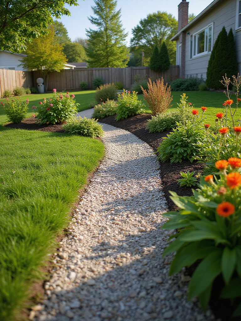 Yard landscaping featuring a French drain and rain garden to improve drainage.