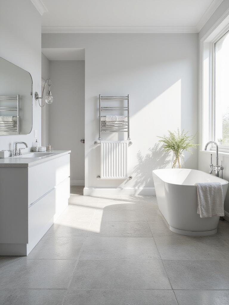 Modern bathroom with light grey matte finish porcelain floor tiles.