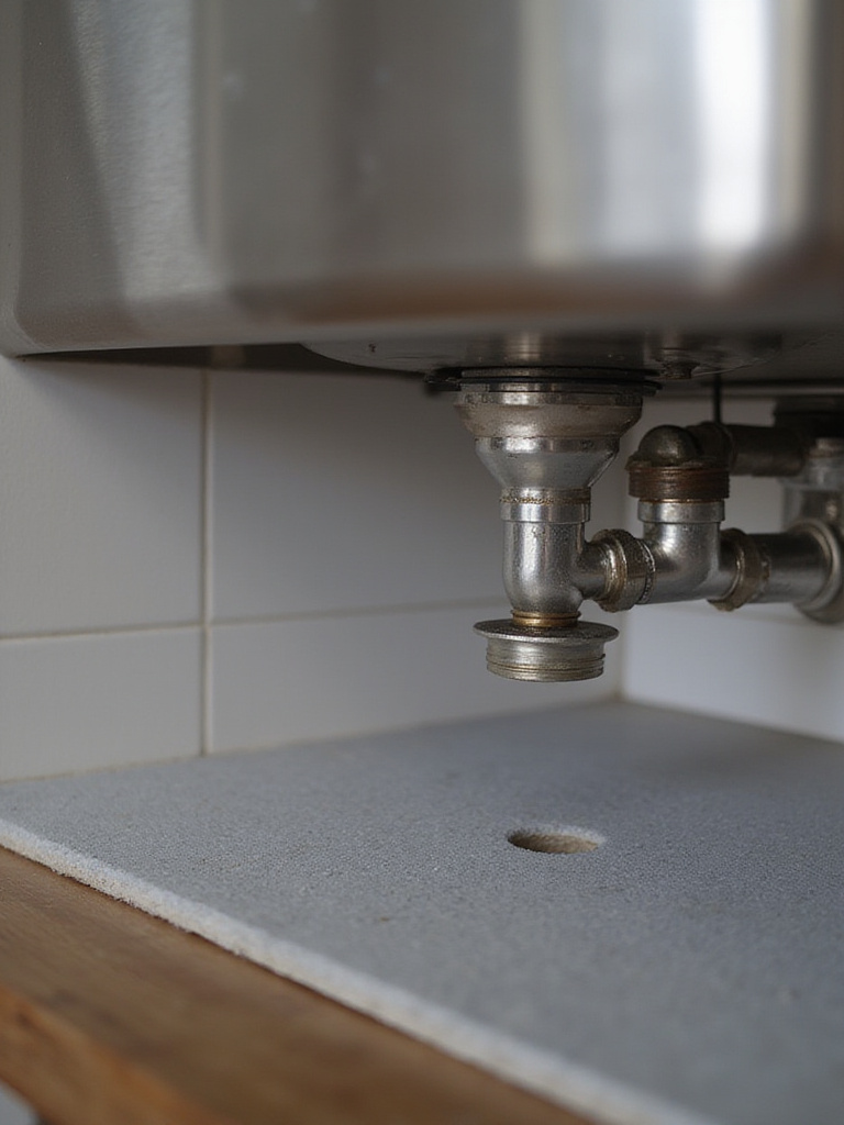 Sound dampening pads on the underside of a stainless steel kitchen sink for noise reduction.