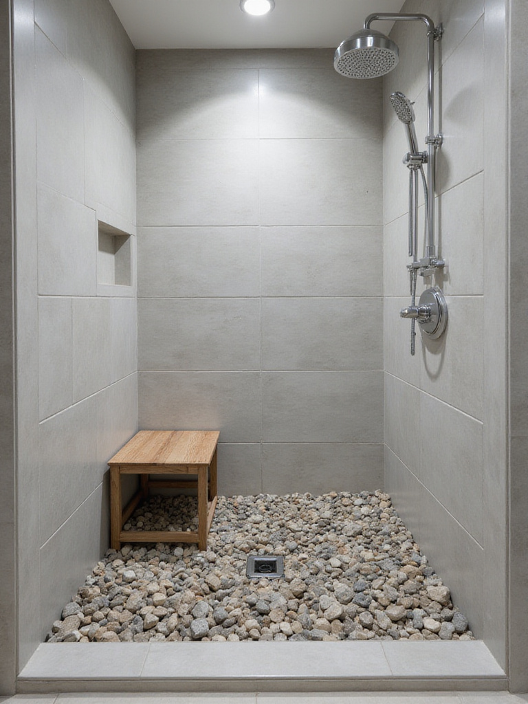 Bathroom featuring river rock flooring in walk-in shower