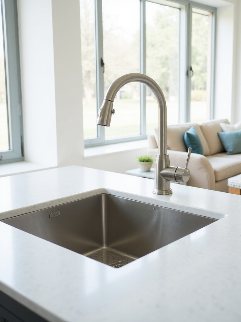 Modern stainless steel kitchen sink with quartz countertop and brushed nickel faucet.