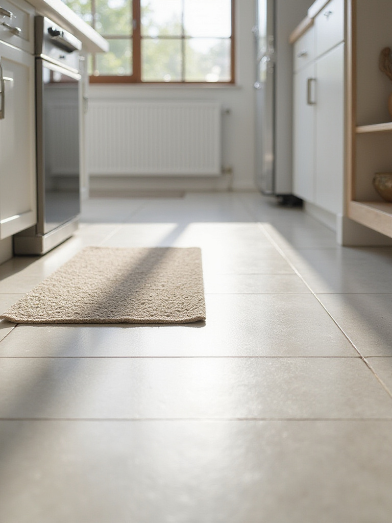 Kitchen tile floor with a comfortable anti-fatigue mat placed in front of the sink, illustrating how to address the hardness of tile underfoot for improved comfort.